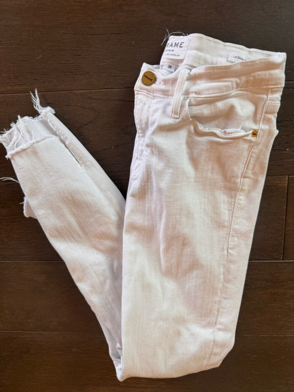 Frame Denim White Skinny Jeans with Frayed Hem, le skinner de Jeanne, size 28